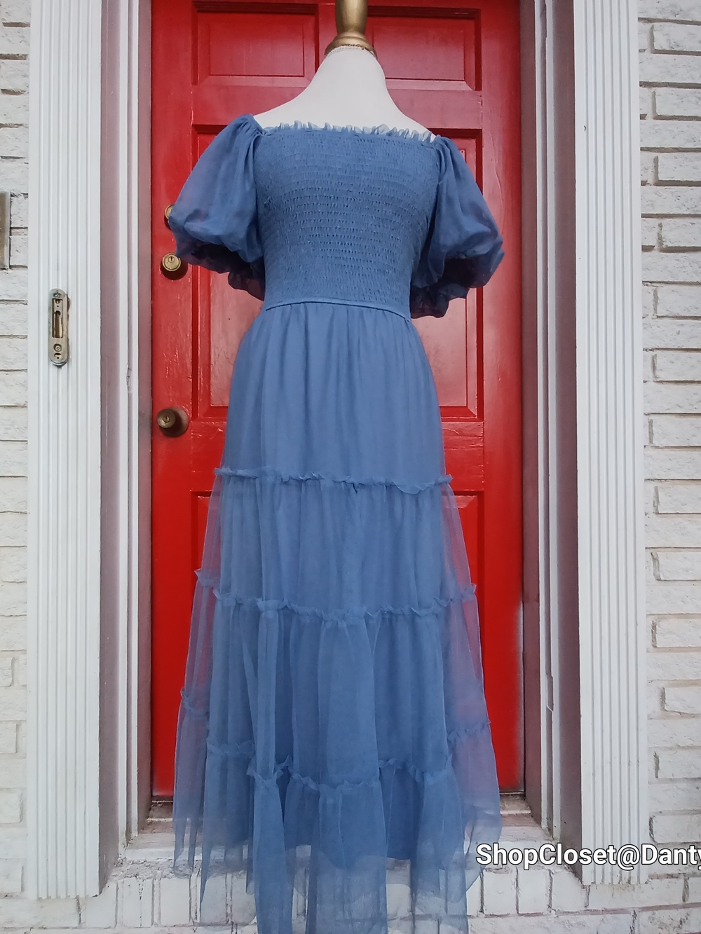 PrettyGarden Dusty Blue Off-Shoulder Tulle Midi Dress - Picture 14 of 14